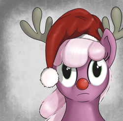 Size: 2520x2480 | Tagged: safe, artist:eels, imported from derpibooru, cheerilee, earth pony, pony, antlers, blank stare, bust, christmas, female, hat, holiday, looking at you, mare, red nose, reindeer antlers, santa hat, solo, stare, staring at you, thousand yard stare