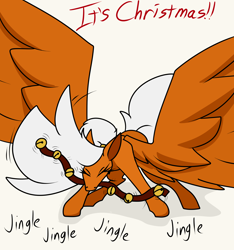 Size: 3000x3200 | Tagged: safe, artist:drog, imported from derpibooru, oc, oc:orange cream, pegasus, pony, bells, christmas, eyes closed, holiday, jingle bells, large wings, mouth hold, my little pony, onomatopoeia, shaking, solo, spread wings, wings