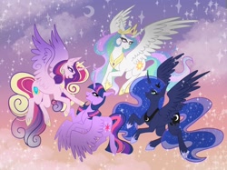 Size: 2048x1535 | Tagged: safe, artist:rey_r4y, imported from derpibooru, princess cadance, princess celestia, princess luna, twilight sparkle, alicorn, pony, alicorn tetrarchy, female, flying, group, mare, open mouth, quartet, smiling, sparkles, twilight sparkle (alicorn)