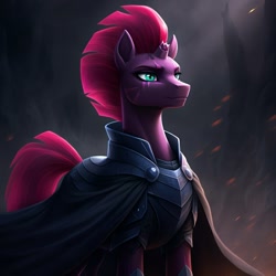 Size: 1024x1024 | Tagged: safe, imported from derpibooru, tempest shadow, pony, unicorn, ai content, ai generated, armor, broken horn, cape, clothes, female, generator:google imagen 3.0, gradient background, horn, mare, prompter:zerowinger, solo