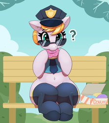 Size: 3178x3584 | Tagged: safe, artist:pabbley, imported from derpibooru, copper top, earth pony, art pack:ponies on patrol, clothes, cute, donut, female, food, hat, looking at you, mare, necktie, police, solo, sunglasses