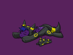 Size: 1400x1050 | Tagged: safe, artist:arrwulf, imported from twibooru, oc, oc only, bat pony, pony, umbreon, clothes, costume, eyes closed, image, kigurumi, male, needs more jpeg, plushie, pokémon, purple background, seams, simple background, sleeping, solo, stallion, zipper