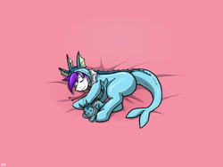 Size: 1400x1050 | Tagged: safe, artist:arrwulf, imported from twibooru, oc, oc only, earth pony, pony, vaporeon, clothes, costume, eyes closed, image, kigurumi, male, needs more jpeg, pink background, plushie, pokémon, seams, simple background, sleeping, solo, stallion