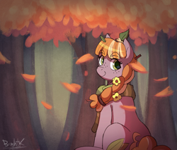 Size: 1859x1583 | Tagged: safe, artist:bkiltersot, imported from derpibooru, oc, oc only, oc:pumpkin cupcake, earth pony, pony, autumn, braid, clothes, cute, earth pony oc, female, female oc, filly, flower, flower in hair, foal, forest, green eyes, leaves, leaves in hair, looking at you, nature, raffle prize, scarf, sitting, solo, tree