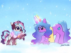 Size: 2048x1527 | Tagged: safe, artist:petaltwinkle, imported from derpibooru, izzy moonbow, pony, unicorn, blushing, bracelet, clothes, duo, duo female, female, filly, foal, friendship bracelet, g5, glowing, glowing horn, horn, jewelry, magic, magic aura, mare, open mouth, open smile, raised hoof, scarf, smiling, snow, snowfall, snowflake, tail, unshorn fetlocks, violette rainbow, vitiligo