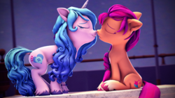 Size: 3840x2160 | Tagged: safe, artist:psfmer, imported from derpibooru, izzy moonbow, sunny starscout, earth pony, unicorn, female, g5, horn, kissing, lesbian, moonscout, shipping