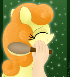 Size: 3016x3319 | Tagged: safe, artist:rainbowšpekgs, imported from derpibooru, carrot top, golden harvest, earth pony, human, pony, brush, cute, eyes closed, female, hand, happy, mare, offscreen character, pov, sitting, smiling, sweet dreams fuel