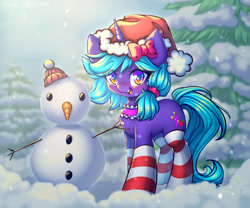 Size: 4216x3508 | Tagged: safe, artist:chaosangeldesu, imported from derpibooru, oc, oc only, oc:lilac tart, pony, unicorn, blushing, christmas, clothes, cute, cutie mark, hat, holiday, horn, looking at you, santa hat, smiling, smiling at you, snow, snowfall, snowman, socks, solo, winter