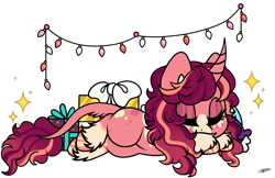 Size: 1600x1037 | Tagged: safe, artist:princessmoonsilver, imported from derpibooru, oc, oc:astra meringue, pony, unicorn, christmas, christmas lights, female, holiday, horn, mare, sleeping, solo