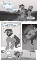 Size: 2205x3584 | Tagged: safe, artist:devi_shade, imported from derpibooru, pinkie pie, rainbow dash, earth pony, pegasus, pony, ..., beach, beach umbrella, black and white, comic, dialogue, duo, facial markings, female, grayscale, mare, monochrome, ocean, speech bubble, sweat, water