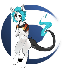 Size: 689x792 | Tagged: safe, artist:devi_shade, imported from derpibooru, oc, oc only, pony, unicorn, abstract background, black sclera, clothes, horn, leonine tail, red eyes, slit pupils, solo, tail