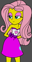 Size: 1069x2049 | Tagged: safe, artist:dragonkingamn, edit, edited screencap, imported from derpibooru, screencap, fluttershy, equestria girls, accessory-less edit, bare shoulders, blinking, clothes, clothes swap, cute, equestria girls specials, eyeshadow, grin, makeup, missing accessory, my little pony equestria girls: dance magic, pinkie pie's skirt, sash, sleeveless, smiling, strapless