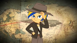 Size: 1280x720 | Tagged: safe, artist:mlpfan3991, imported from derpibooru, oc, oc:flare spark, human, equestria girls, archaeologist, clothes, cosplay, costume, fedora, female, flare spark is best facemaker, hat, indiana jones, map, outfit, plane, smiling, smirk, solo