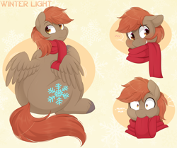 Size: 2000x1675 | Tagged: safe, artist:higgly-chan, imported from derpibooru, oc, oc only, oc:winterlight, pegasus, pony, blushing, bust, chubby, chubby cheeks, clothes, eating, floppy ears, full body, looking back, male, portrait, scarf, shocked, shocked expression, solo, spread wings, stallion, unshorn fetlocks, wings