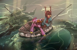 Size: 3376x2205 | Tagged: safe, artist:devi_shade, imported from derpibooru, oc, oc only, deer, earth pony, pony, antlers, boat, clothes, duo, fishing, fishing rod, glasses, hat, male, monster, shirt, unshorn fetlocks