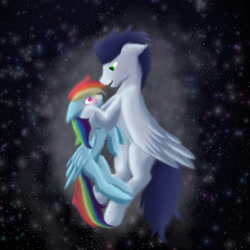 Size: 750x750 | Tagged: safe, artist:lazzari16, imported from derpibooru, rainbow dash, soarin', pegasus, pony, female, flying, male, mare, shipping, soarindash, stallion, straight