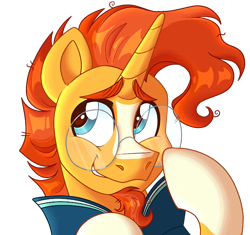 Size: 636x599 | Tagged: safe, artist:slushpony, imported from derpibooru, sunburst, pony, unicorn, blue eyes, blushing, cloak, clothes, digital art, glasses, horn, looking left, male, shy, simple background, smiling, smirk, solo, stallion, sticker, sunburst's cloak