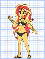 Size: 828x1089 | Tagged: safe, artist:superaaronawesome, imported from derpibooru, sunset shimmer, human, alternate design, arm band, bikini, bracelet, breasts, busty sunset shimmer, choker, cleavage, clothes, female, jewelry, sandals, solo, sunset shimmer's beach shorts swimsuit, swimsuit