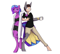 Size: 2000x1800 | Tagged: safe, artist:tomek1000, imported from derpibooru, oc, oc only, anthro, hippogriff, human, unguligrade anthro, unicorn, :3, clothes, colored pupils, duo, female, hand on shoulder, horn, human to hippogriff, lab coat, mug, simple background, surprised, transformation, white background