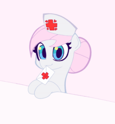 Size: 852x923 | Tagged: safe, artist:ponconcarnal, imported from derpibooru, nurse redheart, earth pony, pony, animated, blinking, bust, female, gif, heart, looking at you, mail, mouth hold, pink background, simple background, solo