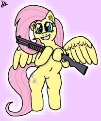 Size: 1000x1200 | Tagged: safe, artist:dkwzurt, imported from derpibooru, fluttershy, pegasus, pony, female, gun, pink background, shotgun, simple background, smiling, solo, spread wings, weapon, wings