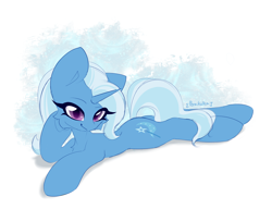 Size: 3000x2300 | Tagged: safe, artist:persikulka, imported from derpibooru, trixie, pony, unicorn, cheek fluff, chest fluff, female, high res, horn, looking at you, lying down, mare, prone, smiling, smiling at you, solo, sploot, tail, underhoof