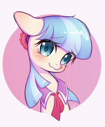 Size: 1766x2120 | Tagged: safe, artist:kaf_pone, imported from derpibooru, coco pommel, earth pony, blushing, bust, female, floppy ears, looking at you, mare, simple background, solo