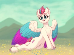 Size: 2560x1917 | Tagged: safe, artist:amishy, imported from derpibooru, zipp storm, pegasus, pony, colored wings, cute, female, flower, g5, grass, mare, mountain, multicolored wings, my little pony: a new generation, outdoors, solo, spread wings, unshorn fetlocks, wings