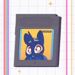 Size: 1080x1080 | Tagged: safe, artist:wavecipher, imported from derpibooru, oc, oc only, oc:bit shift, pony, unicorn, animated, brain, cartridge, clothes, game boy, grid background, horn, jumpsuit, looking at camera, open mouth, organs, pipbuck, vault suit, video, video game console, white pupils