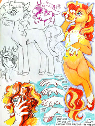 Size: 1432x1890 | Tagged: artist needed, source needed, safe, imported from derpibooru, sunset shimmer, classical unicorn, human, pony, unicorn, cloven hooves, homesick shimmer, horn, human to pony, jewelry, leonine tail, medallion, muzzle grab, necklace, solo, traditional art, transformation, unshorn fetlocks