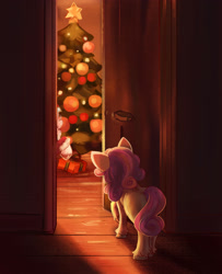 Size: 2493x3066 | Tagged: safe, artist:polnocnykot, imported from derpibooru, sweetie belle, christmas, christmas eve, christmas tree, cute, doorway, female, filly, foal, glasses, holiday, peeking, raised hoof, rear view, santa claus, solo focus, tree, unshorn fetlocks