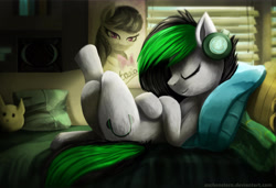 Size: 2958x2028 | Tagged: safe, artist:aschenstern, imported from derpibooru, octavia melody, oc, oc:degrano, earth pony, pony, bed, commission, dune, headphones, pillow, window