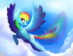 Size: 2797x2144 | Tagged: safe, artist:eateroflife, imported from derpibooru, rainbow dash, pegasus, pony, cloud, female, flying, mare, rainbow trail, sky, solo, spread wings, wings