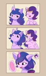 Size: 1256x2048 | Tagged: safe, artist:nari_artsz, imported from derpibooru, izzy moonbow, pipp petals, pegasus, pony, unicorn, 3 panel comic, alternate hairstyle, comic, duo, duo female, female, g5, hair styling, hairband, horn, mare, mirror