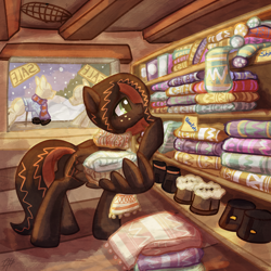 Size: 4000x4000 | Tagged: safe, artist:tiothebeetle, imported from derpibooru, oc, oc only, oc:netherweave, pegasus, pony, beams, beanie, blanket, boots, brown coat, brown hair, brown mane, cabin, christmas, christmas stocking, clothes, colorful, commission, crochet, freckles, green eyes, hat, holiday, indoors, leather, leather boots, looking right, mannequin, orange mane, overalls, pegasus oc, pegasus wings, pony mannequin, raised hoof, sale, sale sign, scarf, shelf, shirt, shoes, shopkeeper, smiling, snow, snowfall, solo, sticky note, store, sweater, text, window, wing hands, wing hold, wings, winter hat, wooden floor, wool