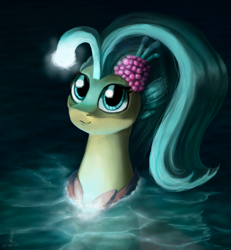 Size: 1024x1110 | Tagged: safe, artist:aschenstern, imported from derpibooru, princess skystar, seapony (g4), my little pony: the movie, bioluminescent, blue eyes, cute, digital art, female, fin, fin wings, fins, floppy ears, flower, flower in hair, flowing mane, freckles, glowing, happy, jewelry, necklace, ocean, pearl necklace, seaquestria, skyabetes, smiling, solo, swimming, tail, water, wings