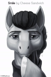 Size: 1293x1920 | Tagged: safe, artist:wwredgrave, imported from derpibooru, cheese sandwich, earth pony, pony, the last laugh, apple (company), bust, grayscale, looking at you, male, monochrome, my little pony, parody, portrait, simple background, solo, stallion, steve jobs, white background