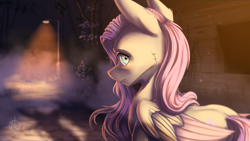 Size: 3000x1688 | Tagged: safe, artist:klarapl, imported from derpibooru, fluttershy, oc, unnamed oc, pegasus, pony, unicorn, cheek fluff, duo, female, folded wings, horn, looking at you, looking back, looking back at you, male, mare, mist, nervous, night, outdoors, scared, shadow, spotlight, stalker, stallion, stranger, street, streetlight, this will not end well, unknown pony, wide eyes, wings