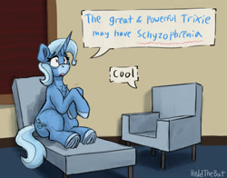 Size: 2309x1811 | Tagged: safe, artist:reddthebat, imported from derpibooru, trixie, pony, unicorn, chair, chest fluff, dialogue, facial markings, female, frog (hoof), horn, mare, mealy mouth (coat marking), meme, pinpoint eyes, ponified meme, psychiatrist, schizophrenia, sitting, solo, speech bubble, underhoof