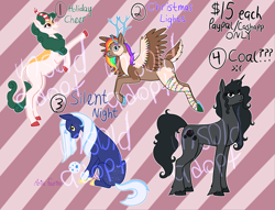 Size: 3575x2737 | Tagged: safe, artist:azira faerinx, imported from derpibooru, oc, deer, earth pony, hybrid, kirin, pony, reindeer, unicorn, adoptable, advertisement, all fours, angry, antlers, black coat, black eye, black hooves, black mane, blue coat, blue eyes, blue hooves, candy, candy cane, cheap, christmas, christmas lights, coal, curly mane, deer tail, flying, food, gold, green mane, happy, holiday, horn, hybrid oc, large chest, looking at you, mane stripe, moon, moon cutie mark, multicolored hair, paypal, piebald coat, rainbow, rainbow hair, rear view, rearing, red eyes, red hooves, reindeer antlers, shaved mane, shy, sitting, smiling, smiling at you, straight mane, tail, three quarter view, white mane, wings, yellow eyes, yellow hooves