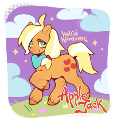 Size: 3424x3594 | Tagged: safe, artist:kuroikamome, imported from derpibooru, applejack, earth pony, pony, clothes, cloud, female, hooves, mare, neckerchief, orange coat, scarf, smiling, solo, stars, tied mane, trotting, wingding eyes, yellow mane