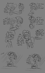 Size: 1155x1855 | Tagged: safe, artist:this_sl0th, imported from derpibooru, oc, oc only, oc:nilla puddings, oc:vanilla bean, earth pony, pony, unicorn, bananaphone, bowl, comic, comic strip, dialogue, duo, gray background, grayscale, horn, mixing bowl, monochrome, simple background