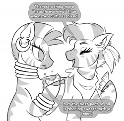 Size: 2400x2340 | Tagged: safe, artist:opalacorn, imported from derpibooru, zecora, oc, oc:philani, zebra, christmas cookies, cookie, duo, duo female, eating, eyes closed, female, food, grayscale, mare, monochrome, open mouth, open smile, simple background, smiling, white background, zebra oc