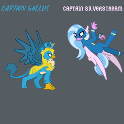 Size: 2000x2000 | Tagged: safe, artist:chromatail, imported from derpibooru, gallus, silverstream, griffon, hippogriff, armor, captain, clothes, female, flying, future, g5 rewrite, gallstream, gray background, male, older, older gallus, older silverstream, royal guard, seraphina au, shipping, simple background, spread wings, straight, uniform, wings, wonderbolts, wonderbolts uniform