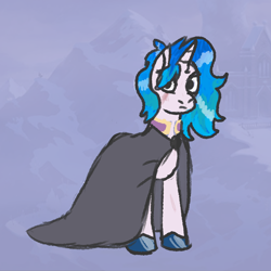 Size: 1080x1080 | Tagged: safe, alternate version, artist:zoeyhorse, imported from derpibooru, oc, oc only, oc:eilidh bannokburn, pony, unicorn, cloak, clothes, collar, colored hooves, eye scar, facial scar, female, hooves, horn, looking at you, mare, scar, solo