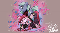 Size: 3840x2160 | Tagged: safe, artist:skullfroggy, imported from derpibooru, limestone pie, pinkie pie, earth pony, pony, 4k, arcane, beige background, butt, duo, duo female, female, high res, jinx (league of legends), league of legends, mare, pinkamena diane pie, plot, siblings, signature, simple background, sisters, vi (league of legends)