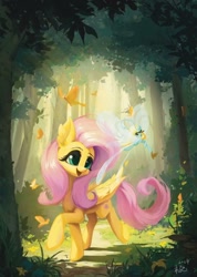 Size: 769x1080 | Tagged: safe, artist:tinybenz, imported from derpibooru, fluttershy, breezie, butterfly, pegasus, pony, big ears, cute, duo, folded wings, forest, large wings, long mane, long tail, micro, nature, shyabetes, size difference, standing on two hooves, tail, tree, wings