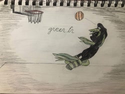 Size: 4032x3024 | Tagged: safe, oc, oc:green fn, pegasus, art, basketball, black, black and green, green, green fn, jumping, jumpshot, meme, shot, sports, traditional art