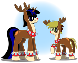 Size: 2243x1822 | Tagged: safe, artist:billy2345, imported from derpibooru, oc, oc only, oc:nightswift, oc:percy, earth pony, pony, unicorn, antlers, bell, christmas, clothes, costume, earth pony oc, female, females only, festive, frown, glasses, holiday, horn, looking at you, mare, red nose, rudolph the red nosed reindeer, simple background, smiling, smiling at you, unicorn oc