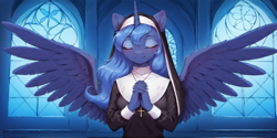 Size: 2400x1200 | Tagged: safe, imported from derpibooru, princess luna, alicorn, pony, ai content, ai generated, bust, church, eyes closed, front view, nun, portrait, praying, prompter:greesys, solo, spread wings, wings